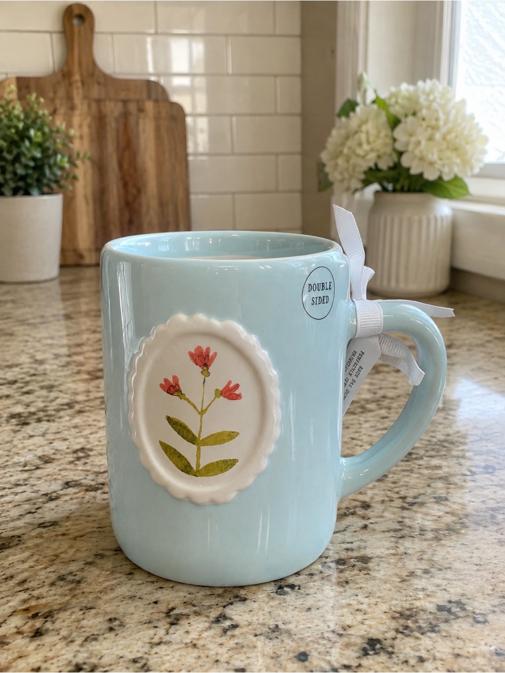 Rae Dunn Light Blue Floral Ceramic Mug - Double-Sided Design